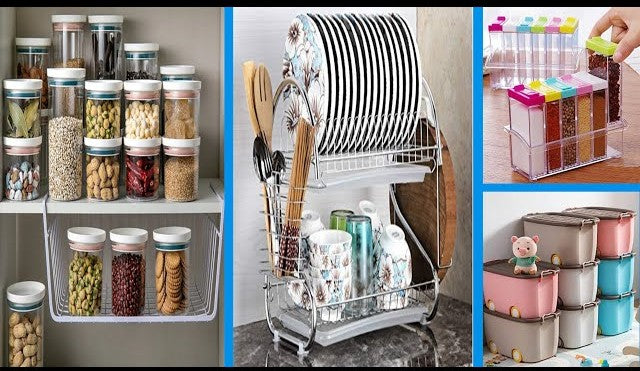 The image highlights ways to organize kitchen items efficiently in small spaces.